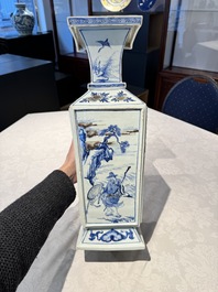 A Chinese blue, white and copper-red square-sectioned vase with figural design, Kangxi