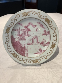 A Chinese puce-enamelled and gilt-decorated 'harbour scene' plate, Qianlong