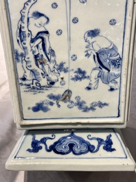 A Chinese blue, white and copper-red square-sectioned vase with figural design, Kangxi