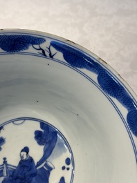 A large Chinese blue and white 'Zhu Lin Qi Xian 竹林七賢' bowl, Kangxi