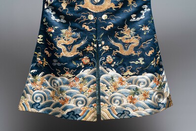 A Chinese gold-thread-embroidered blue-ground silk 'dragon' robe, 18/19th C.