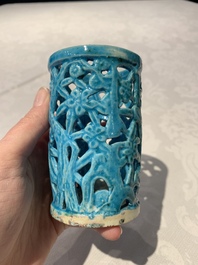 A Chinese turquoise-glazed reticulated brush pot, 18th C.
