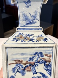 A Chinese blue, white and copper-red square-sectioned vase with figural design, Kangxi