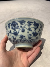Four Chinese blue and white bowls, two cups and a plate, Ming