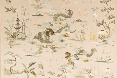 A very large Chinese beige-ground embroidered silk panel depicting scenes of Chinese rural life, 19th C.