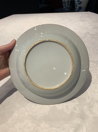 A pair of Chinese armorial monogrammed plates and a famille rose plate, Kangxi/Yongzheng