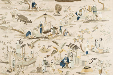 A very large Chinese beige-ground embroidered silk panel depicting scenes of Chinese rural life, 19th C.