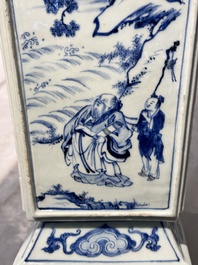 A Chinese blue, white and copper-red square-sectioned vase with figural design, Kangxi