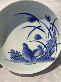 A Japanese Kakiemon-style blue and white 'quails' bowl, 19/20th C.