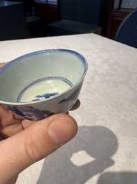 Two Chinese blue and white cups and saucers, Kangxi/Yongzheng