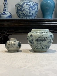 Five Chinese blue, white and monochrome jarlets and seven covered boxes, Yuan/Ming