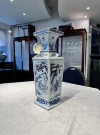 A Chinese blue, white and copper-red square-sectioned vase with figural design, Kangxi