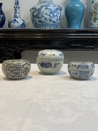 Five Chinese blue, white and monochrome jarlets and seven covered boxes, Yuan/Ming