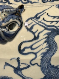A fine Chinese blue and white 'dragon' vase with mythical-beast-shaped handles, probably Yuan