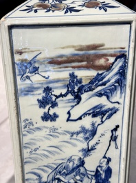 A Chinese blue, white and copper-red square-sectioned vase with figural design, Kangxi