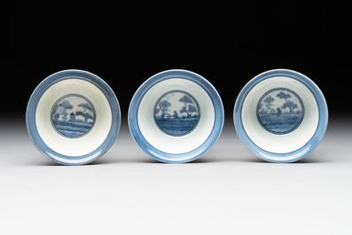 Three Japanese Arita blue and white 'van Frytom' cups and four saucers, Chenghua mark, Edo, ca. 1700