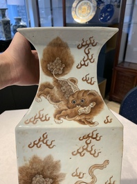 A Chinese iron-red and white 'Buddhist lion' square vase, Chenghua mark, 19/20th C.