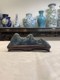 A Chinese blue-glazed Yixing stoneware 'lotus' bowl, and a brush rest on wooden stand, 18/19th C.