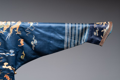 A Chinese gold-thread-embroidered blue-ground silk 'dragon' robe, 18/19th C.