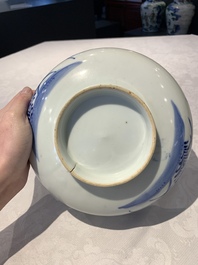 A Japanese Kakiemon-style blue and white 'quails' bowl, 19/20th C.