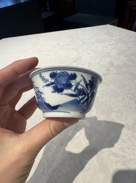 Two Chinese blue and white cups and saucers, Kangxi/Yongzheng