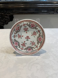 Ten Chinese famille rose cups with floral design and eight saucers, Qianlong