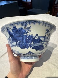 A large Chinese blue and white 'Zhu Lin Qi Xian 竹林七賢' bowl, Kangxi