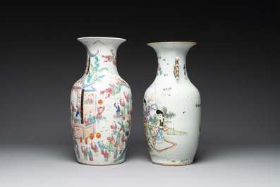 A Chinese famille rose '100 boys' vase and a 'ladies and flowers' vase, signed Wang Liji 汪利记, 19/20th C.
