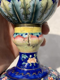 A rare Chinese blue-ground Canton enamel chalice after a European silver example, Qianlong