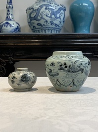 Five Chinese blue, white and monochrome jarlets and seven covered boxes, Yuan/Ming