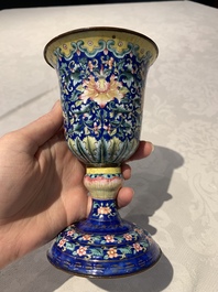 A rare Chinese blue-ground Canton enamel chalice after a European silver example, Qianlong