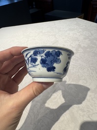 Two Chinese blue and white cups and saucers, Kangxi/Yongzheng