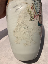 A Chinese famille rose 'deities' vase, Qianlong mark, 19/20th C.