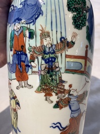 A pair of Chinese wucai 'Romance of the Three Kingdoms' rouleau vases, 19th C.