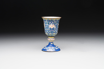 A rare Chinese blue-ground Canton enamel chalice after a European silver example, Qianlong
