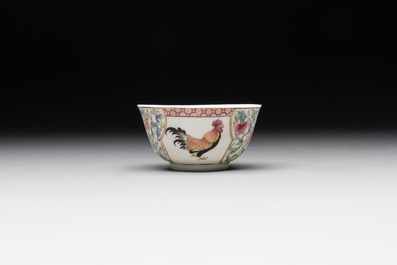 A fine Chinese famille rose 'rooster' cup and saucer, Yongzheng