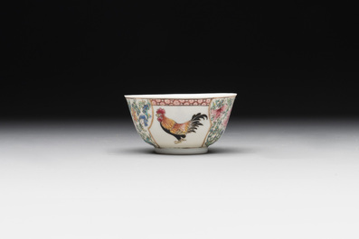 A fine Chinese famille rose 'rooster' cup and saucer, Yongzheng