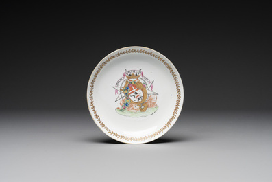 A Chinese famille rose armorial nine-piece service with the arms of Alexandre Lamotte-Barac&eacute;, Qianlong, ca. 1786-1789