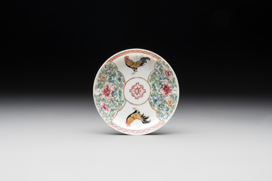 A fine Chinese famille rose 'rooster' cup and saucer, Yongzheng