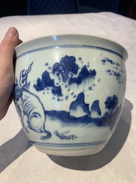 A Chinese blue and white 'Buddhist lion and elephant' scroll jar or jardini&egrave;re, Transitional period