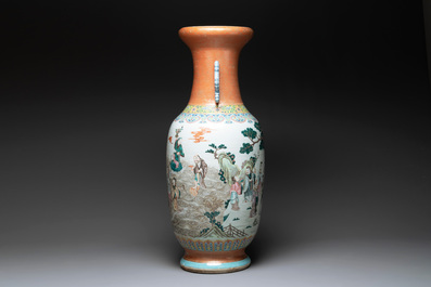 A large Chinese famille rose coral-red-ground  'Eight Immortals' vase, Qianlong mark, 19th C.