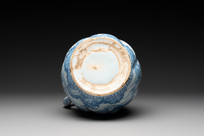 A large blue and white Dutch Delft chinoiserie jug with a mounted pewter lid, 17th C.