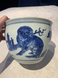 A Chinese blue and white 'Buddhist lion and elephant' scroll jar or jardini&egrave;re, Transitional period