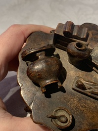 A Chinese agarwood carving of a miniature table with antiquities, 18/19th C.
