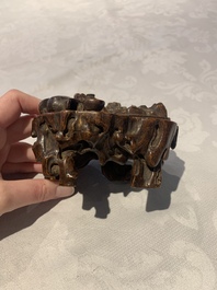A Chinese agarwood carving of a miniature table with antiquities, 18/19th C.