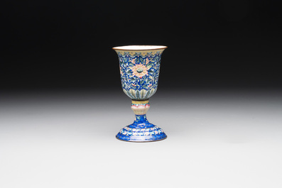 A rare Chinese blue-ground Canton enamel chalice after a European silver example, Qianlong
