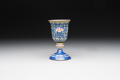 A rare Chinese blue-ground Canton enamel chalice after a European silver example, Qianlong