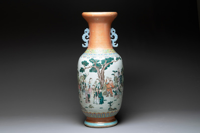 A large Chinese famille rose coral-red-ground  'Eight Immortals' vase, Qianlong mark, 19th C.