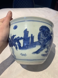 A Chinese blue and white 'Buddhist lion and elephant' scroll jar or jardini&egrave;re, Transitional period