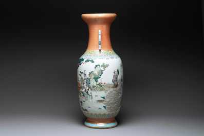 A large Chinese famille rose coral-red-ground  'Eight Immortals' vase, Qianlong mark, 19th C.